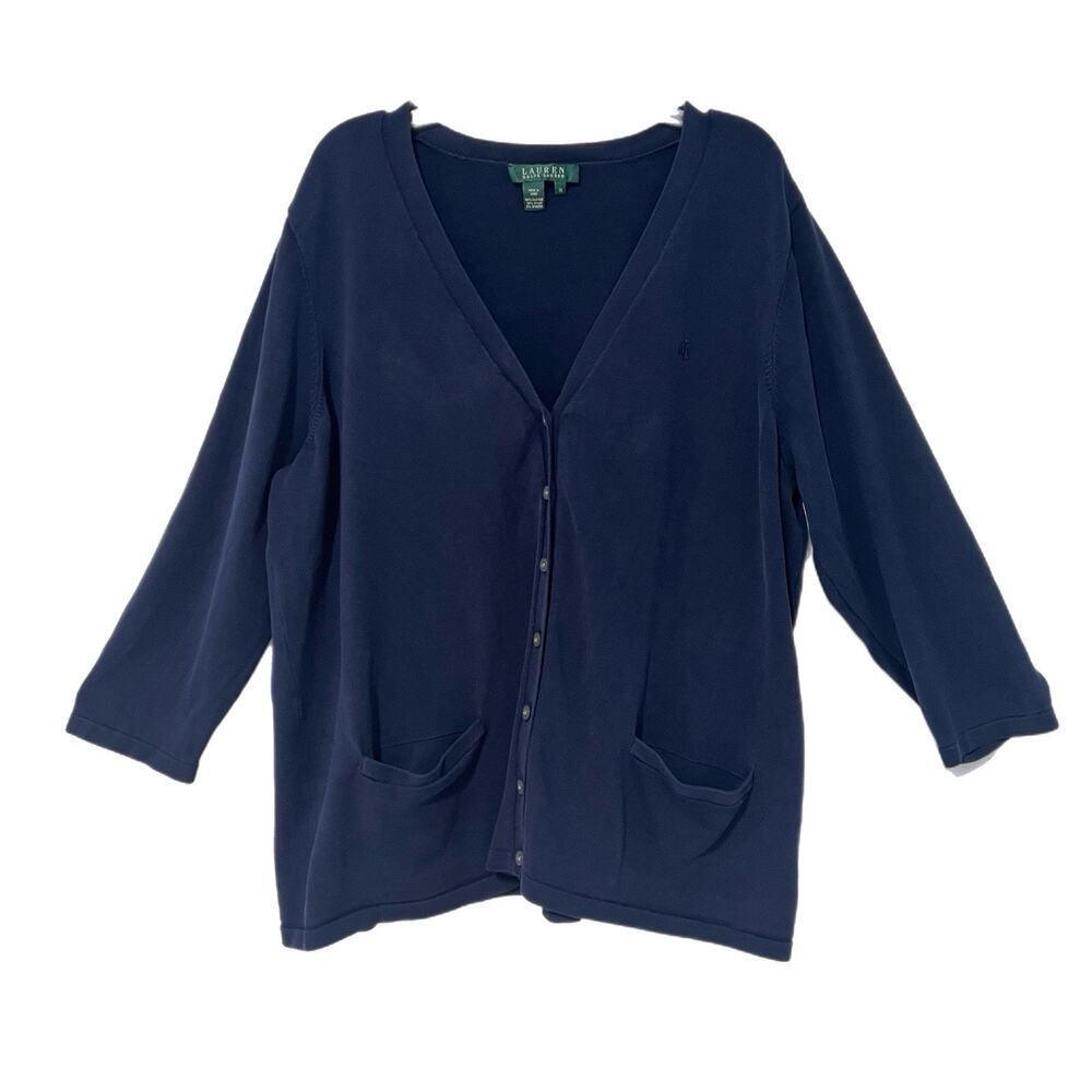 Lauren Ralph Lauren Cardigan Women’s 1X Navy Silk Blend LRL Monogram Old Money